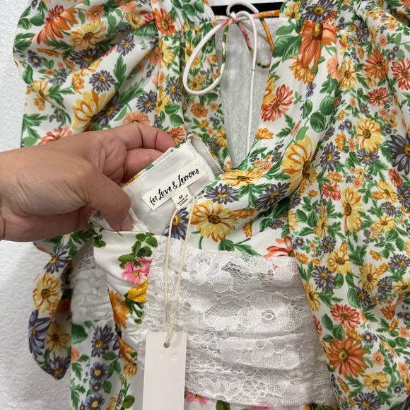 NWT For Love & Lemons Floral Rosalyn Mini Dress in Green White Medium - Picture 6 of 7